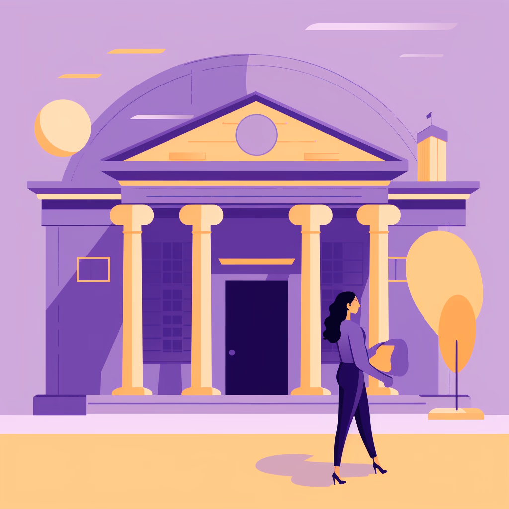 A young woman confidently walking towards a grand office building.