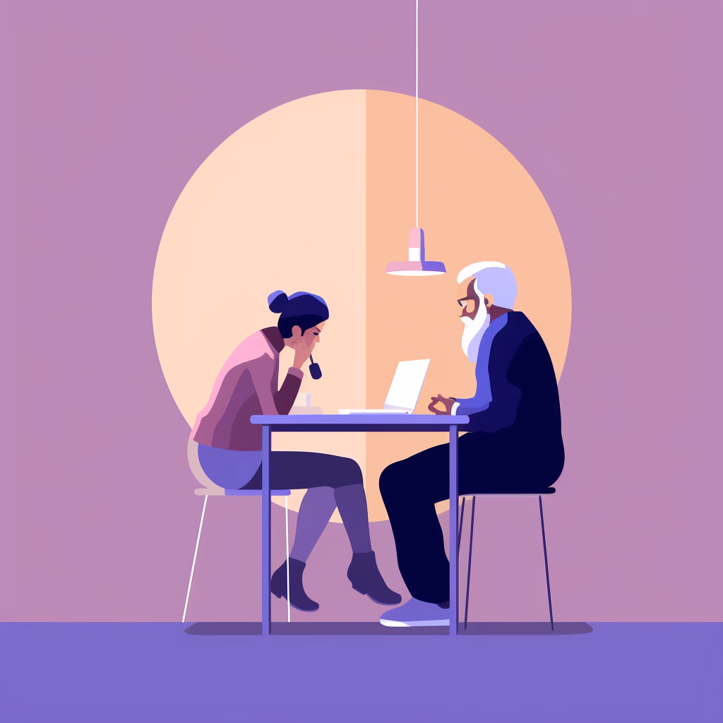 Two people are seated face-to-face, engaged in a conversation. 