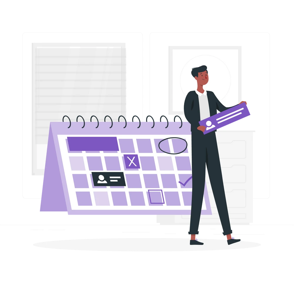 A man holding a giant ticket or voucher in his hands with a large illustration of a calendar behind him.