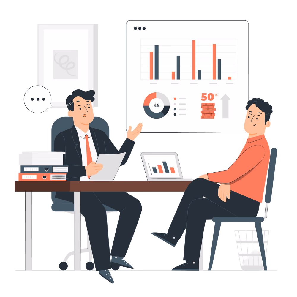 An office setting where a professional is showcasing information to an individual.