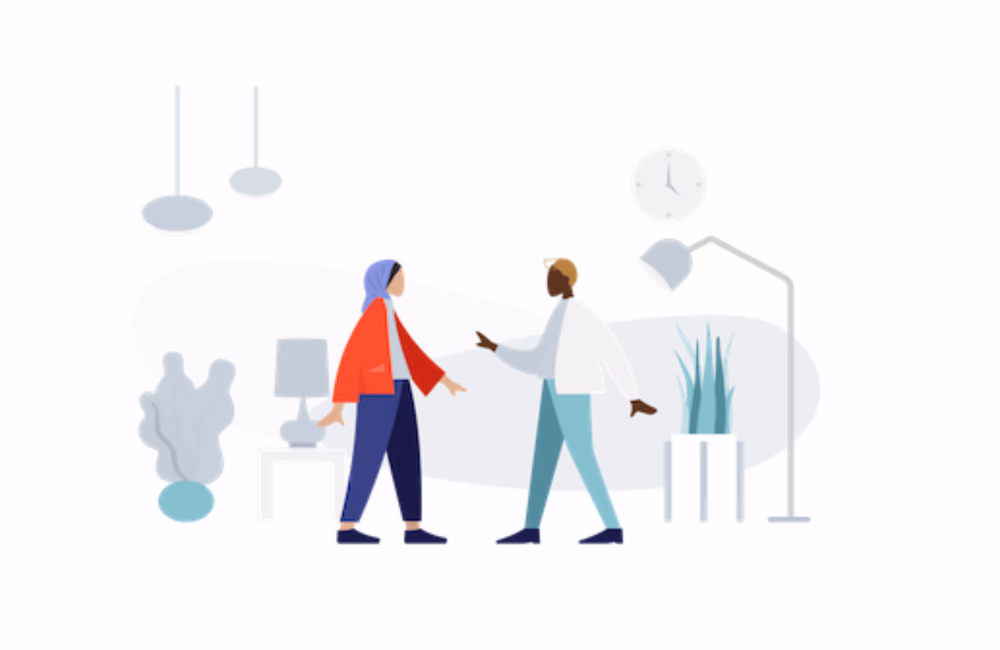 Two characters approaching each other for a discussion.