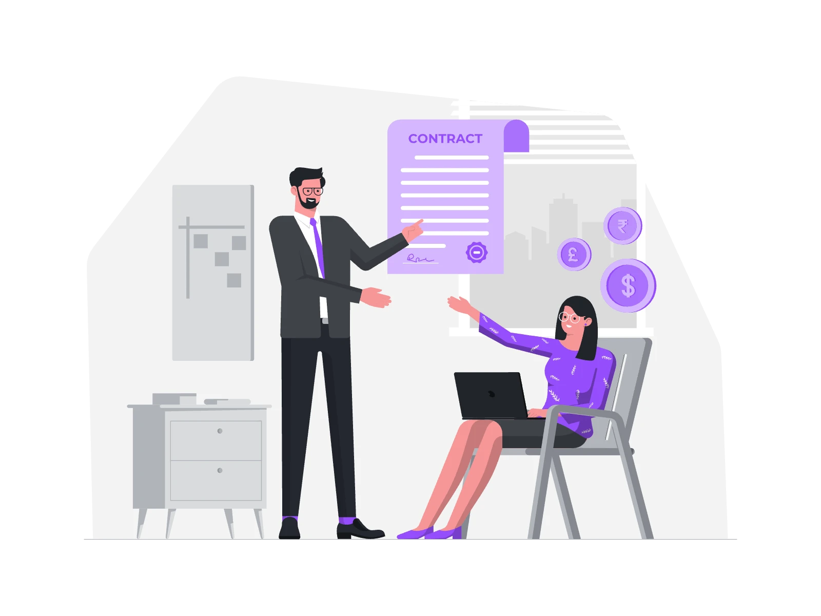 Two people are in an office environment, engaged in a conversation about a contract.