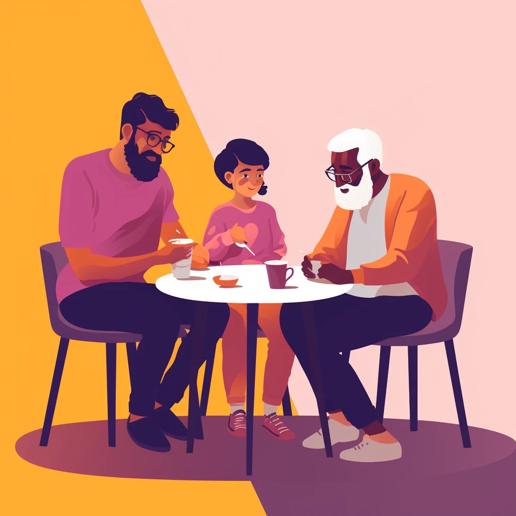 A father and daughter enjoying a meal with an elderly man.