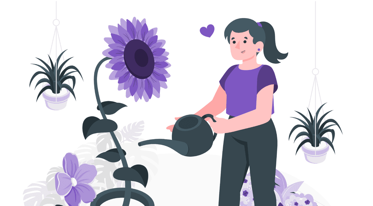 A young woman tending to her plants with a water pot in hand.