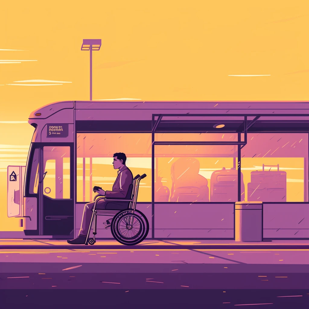 A man seated in a wheelchair, waiting to aboard a bus.