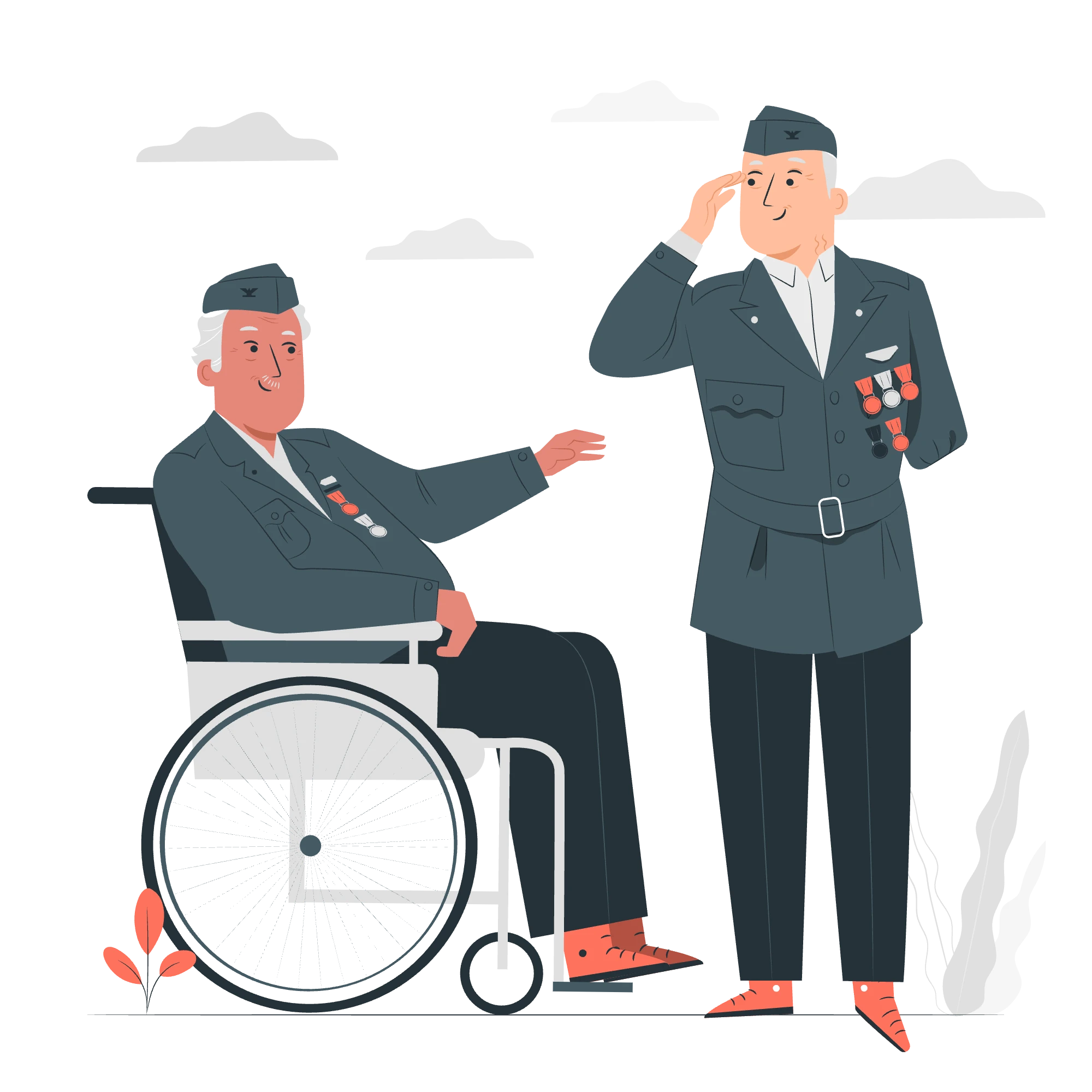  Two elderly men dressed in military uniforms, adorned with medals.