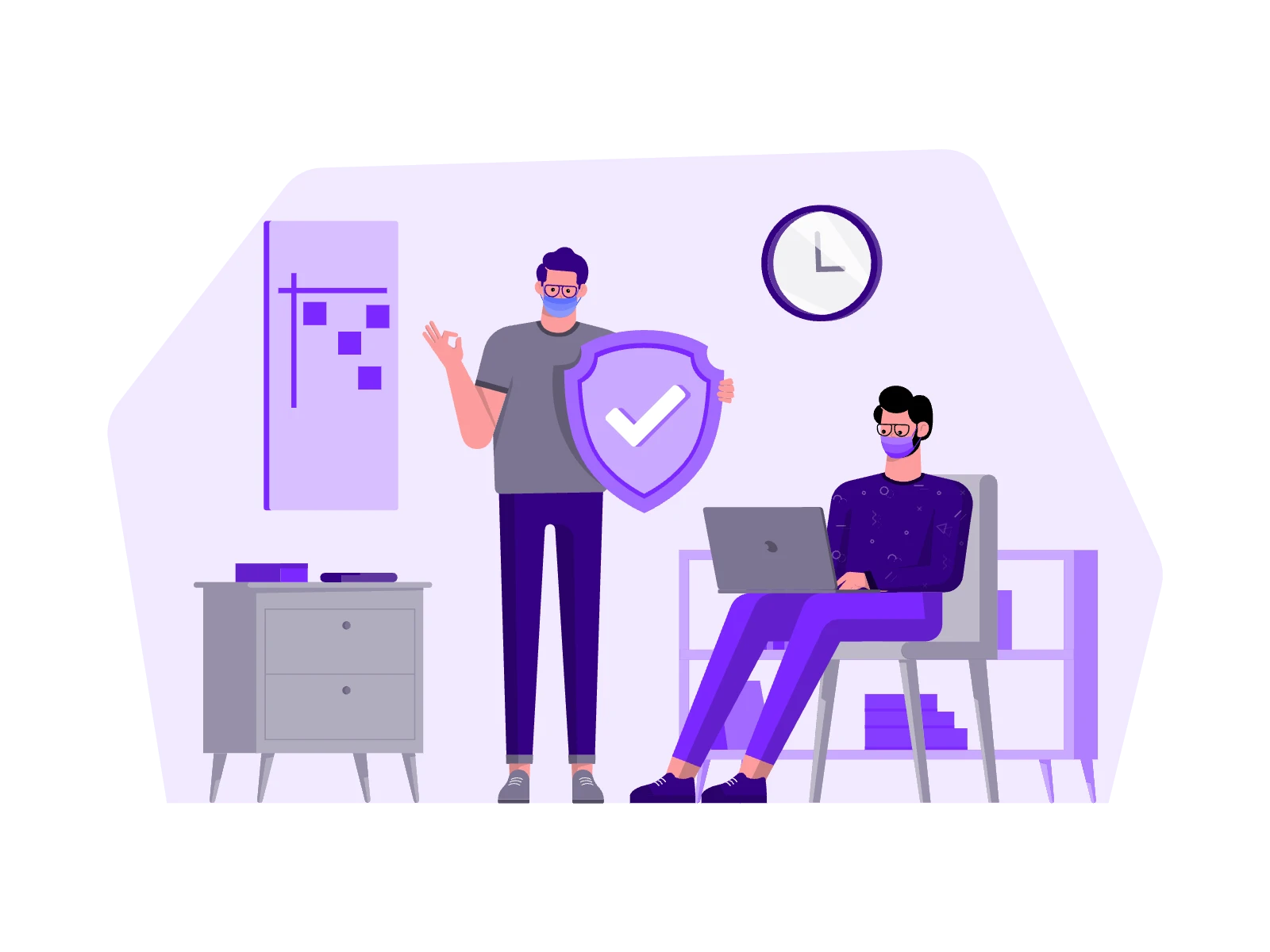 Two men engaged in a conversation, where one is holding a symbol with a checkmark, indicating security or confirmation.