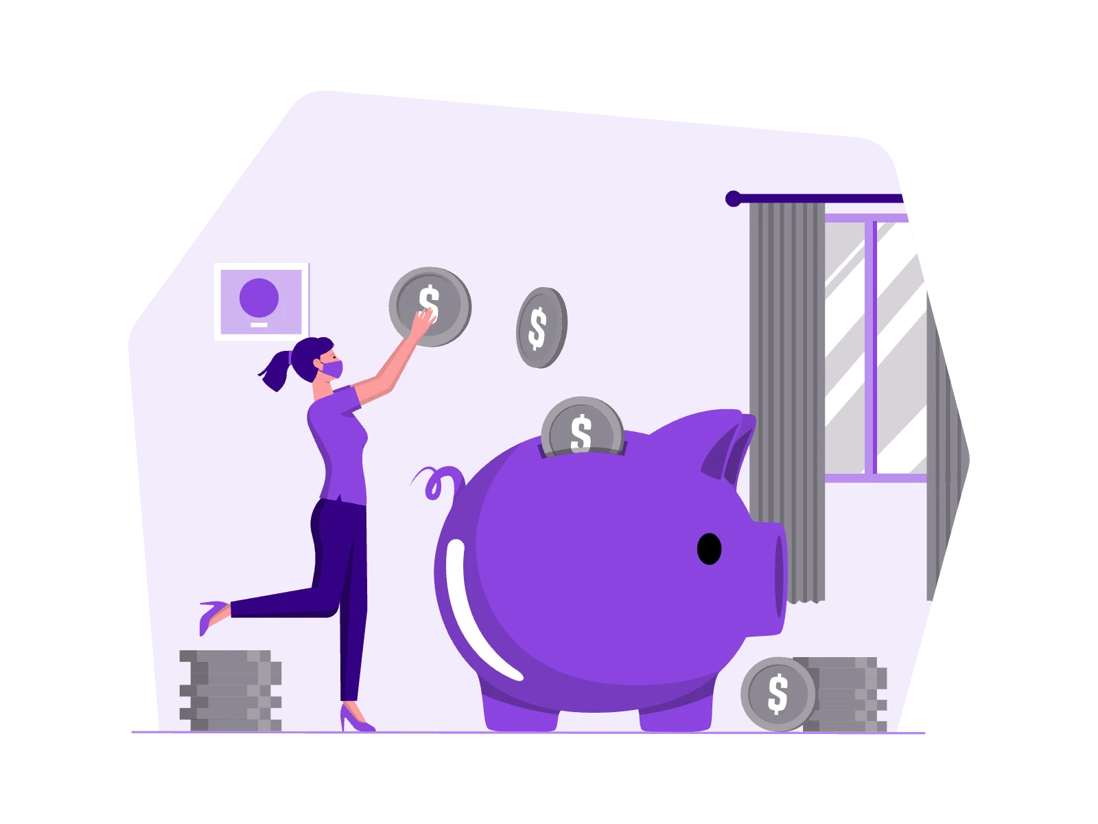 A woman enthusiastically inserting coins into a giant piggy bank.