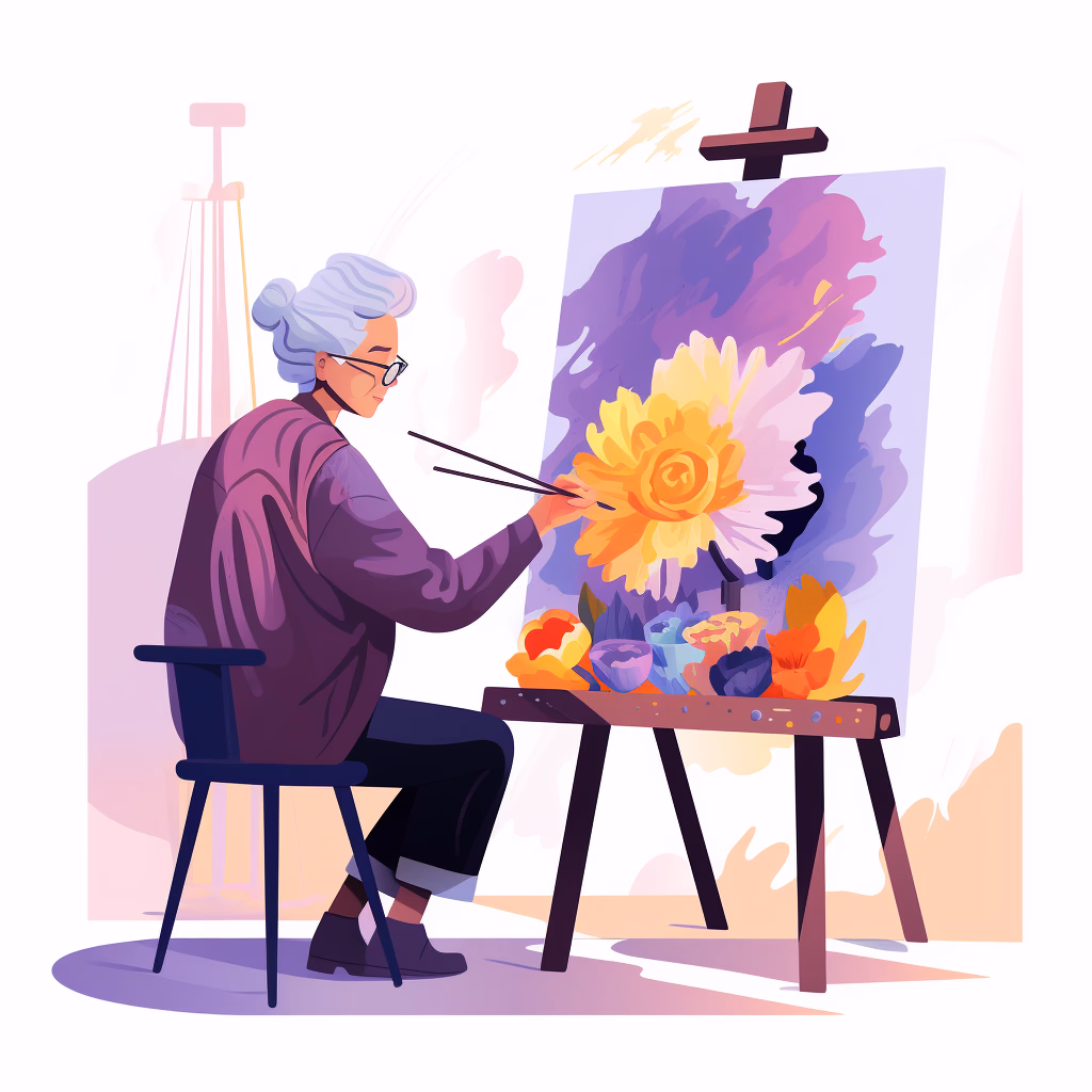 An elderly woman engrossed in painting a beautiful floral scene on a canvas.
