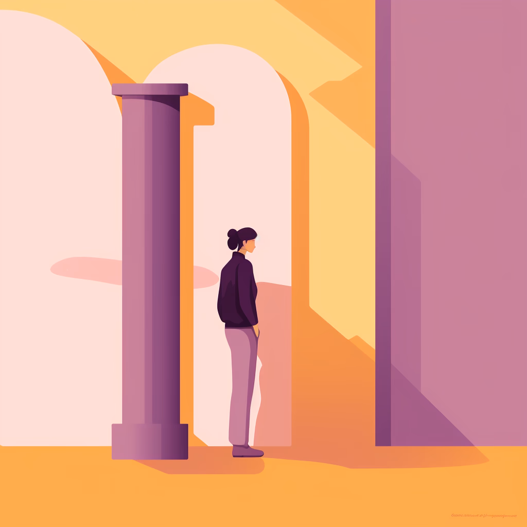 A woman standing in a sunlit architectural space.