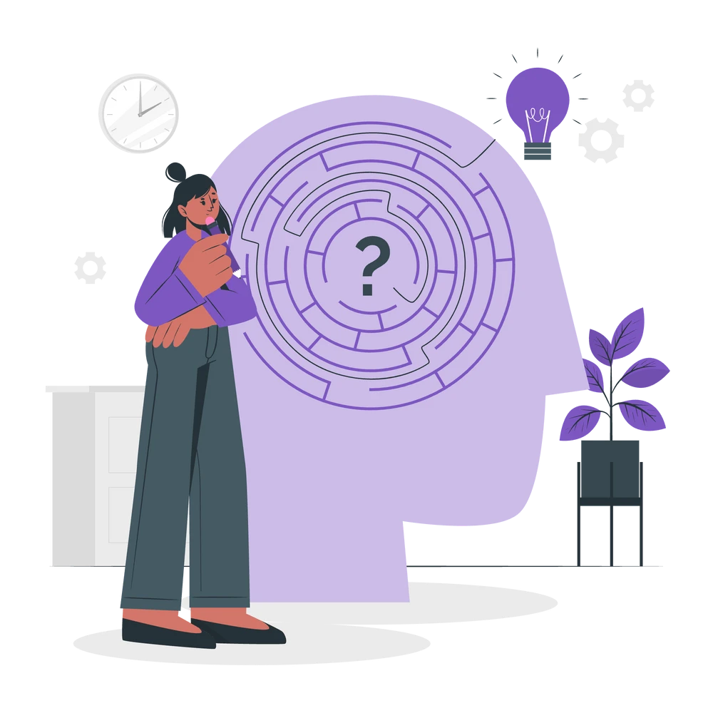 A woman in contemplation, standing next to an abstract image of the mind.