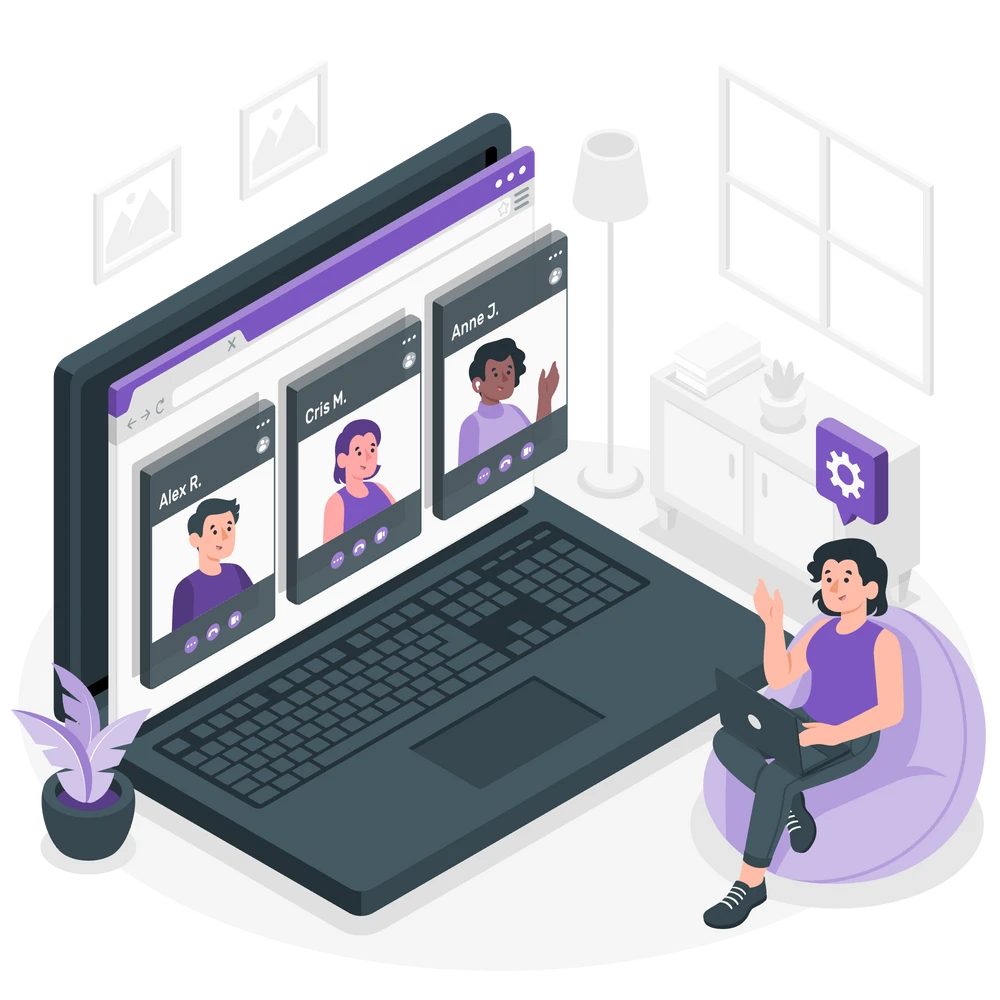 A young woman having a virtual consultation with financial advisors at home.