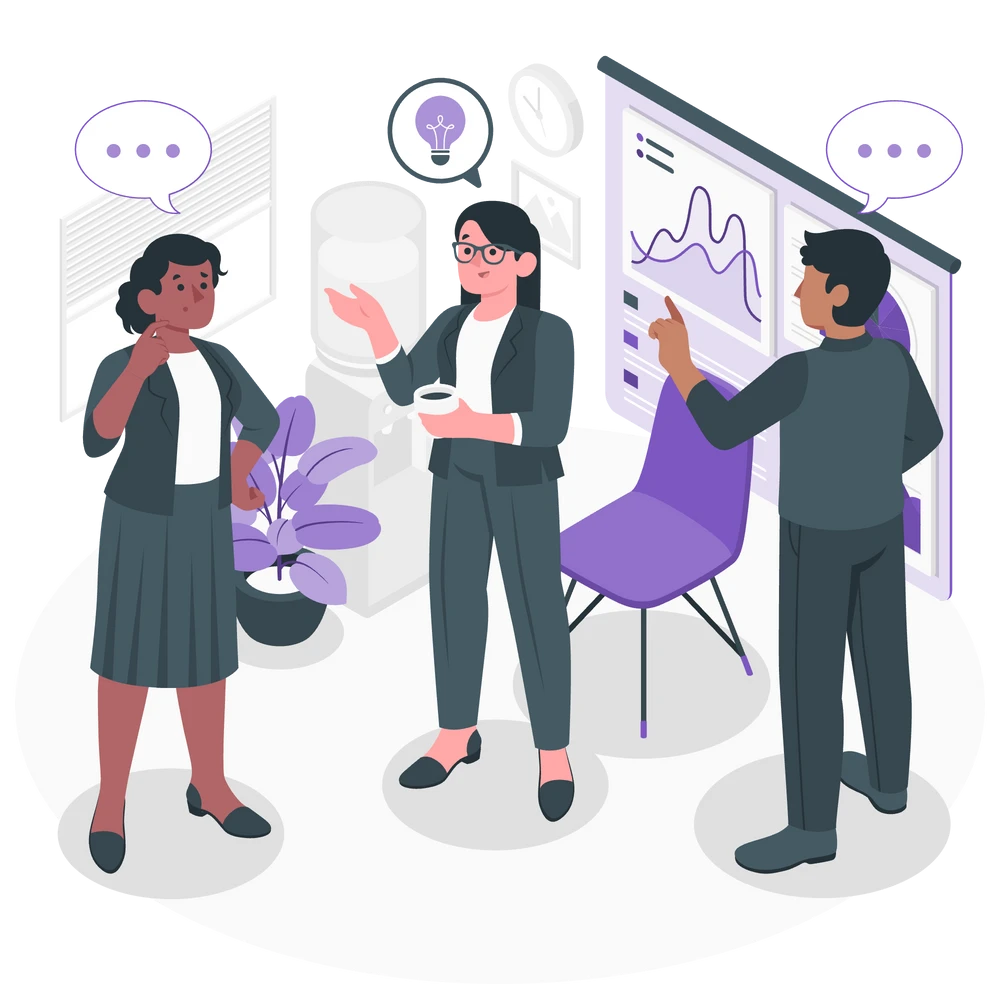 A collaborative discussion among colleagues in a modern office setting.