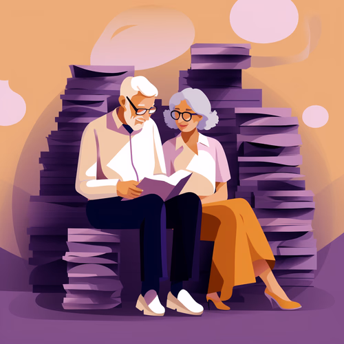 An elderly couple sitting closely together, engrossed in reading a book. 