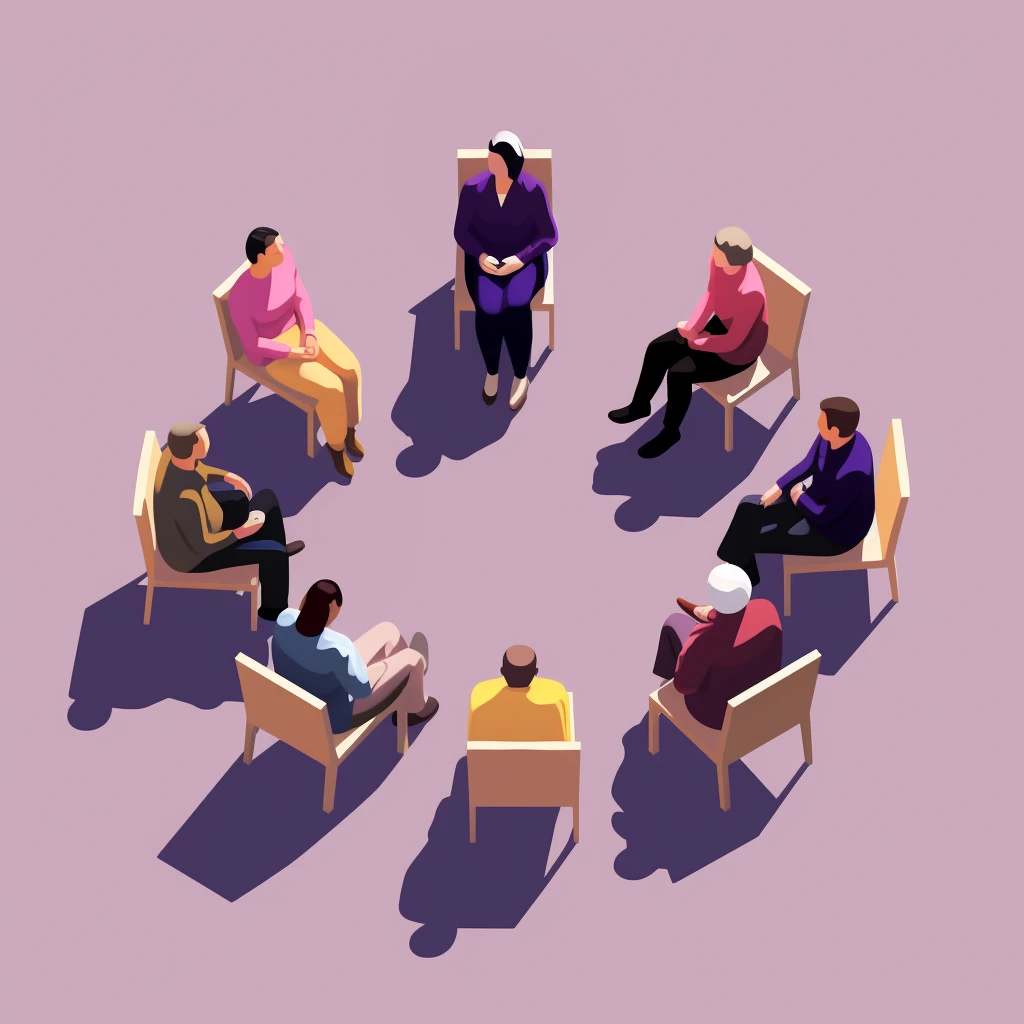 A group of seven individuals seated in a circular arrangement, engaged in a group discussion.
