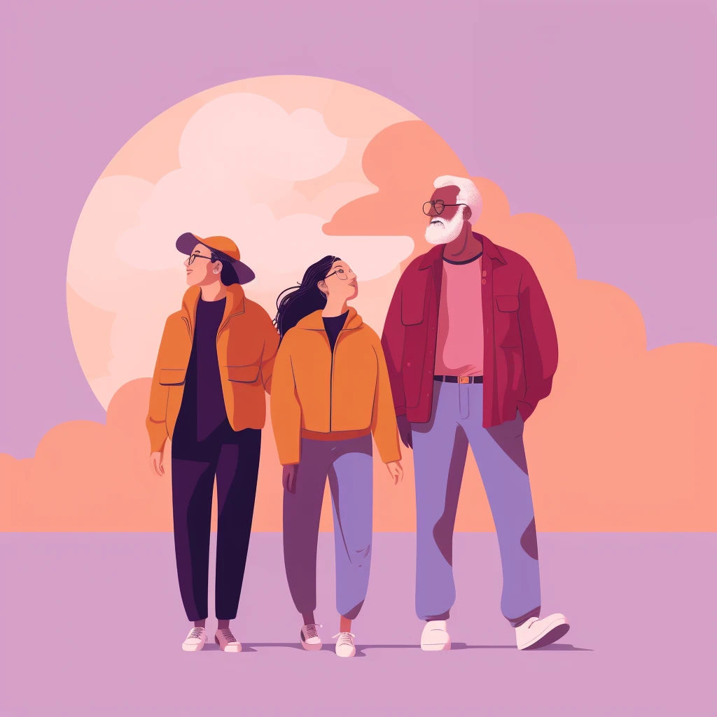 A family strolling outdoors.