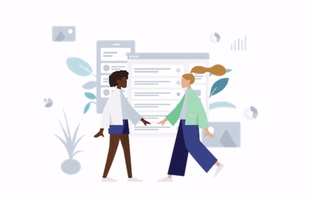 Two individuals collaborating in a workspace environment.