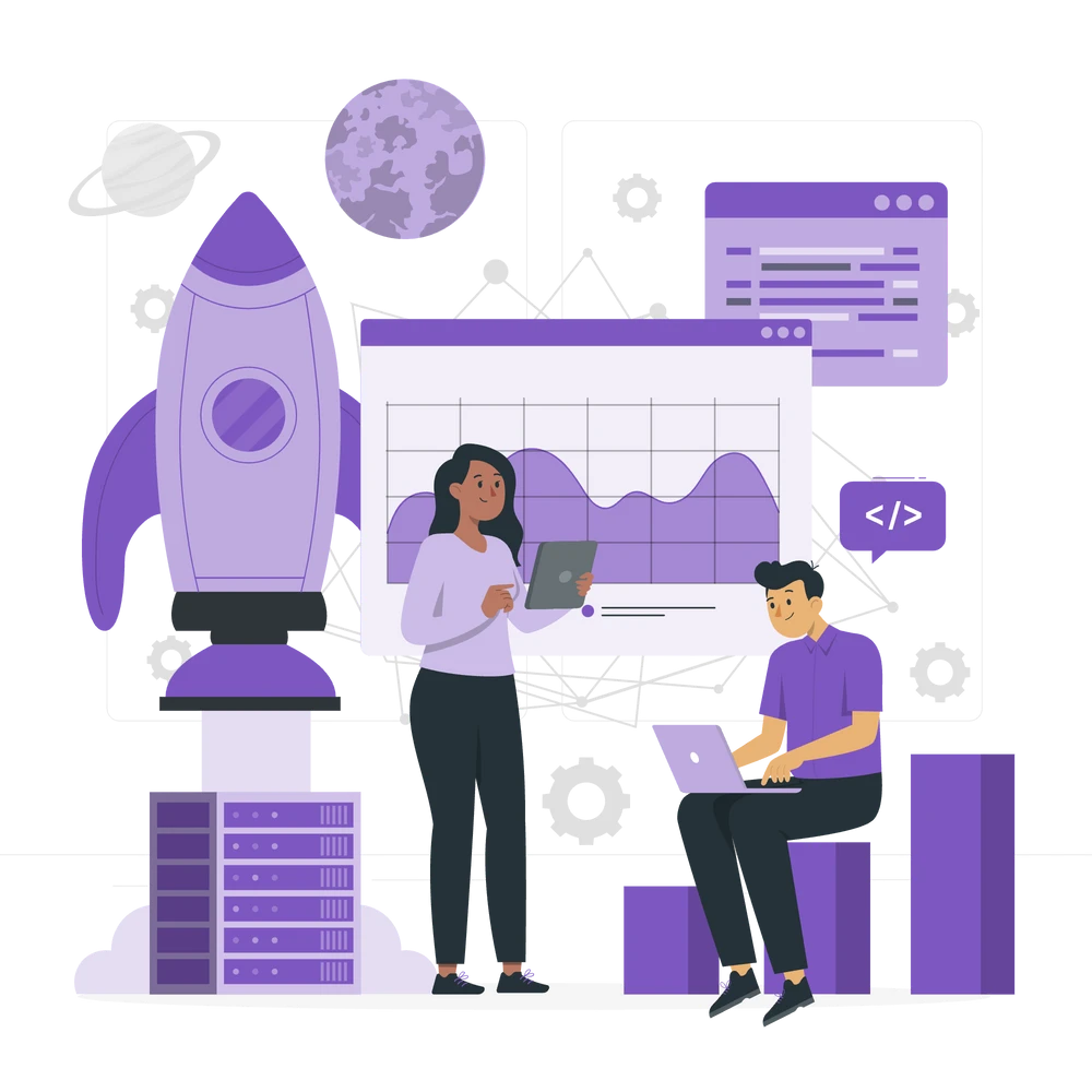 Two individuals are engrossed in their own gadgets in a tech-inspired environment.