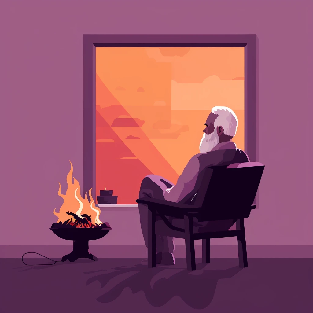 An older man, seated in a chair and gazing out of a large window.