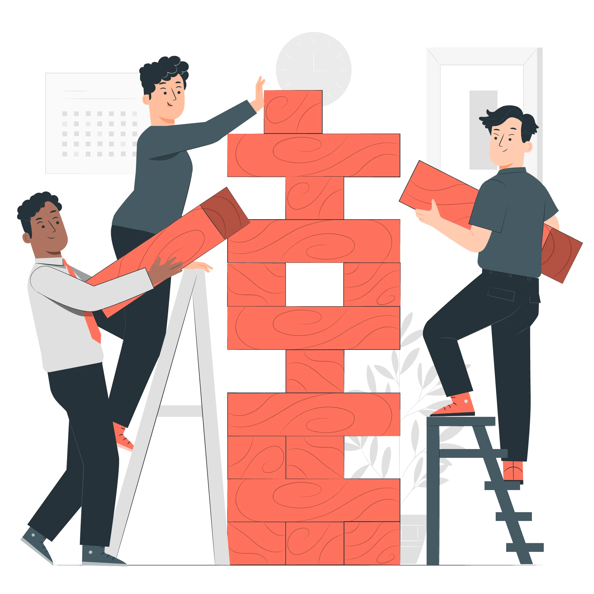 Three individuals are collaboratively building a structure made of large, ornate red blocks.