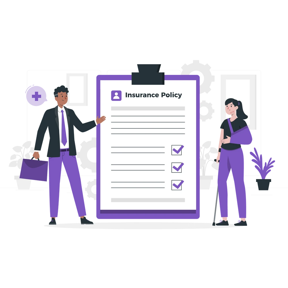 A finance expert is conversing with a woman with sustained injuries about an insurance policy.