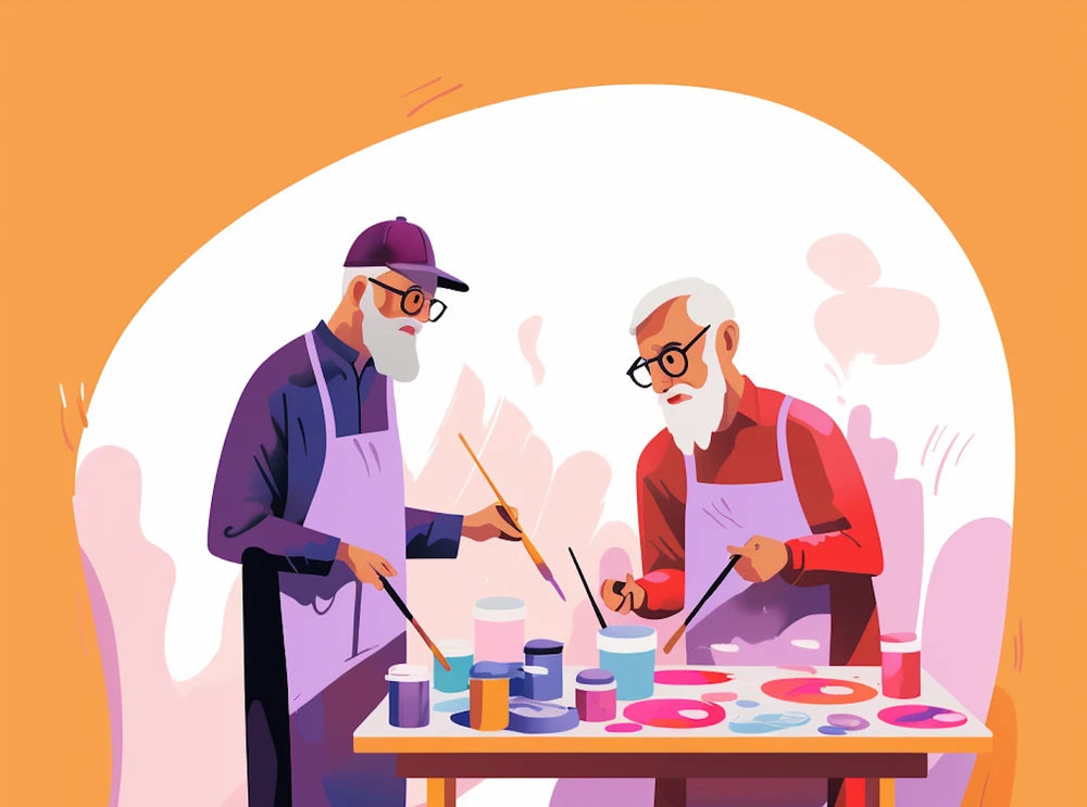 Two elderly men engaged in an artistic activity.