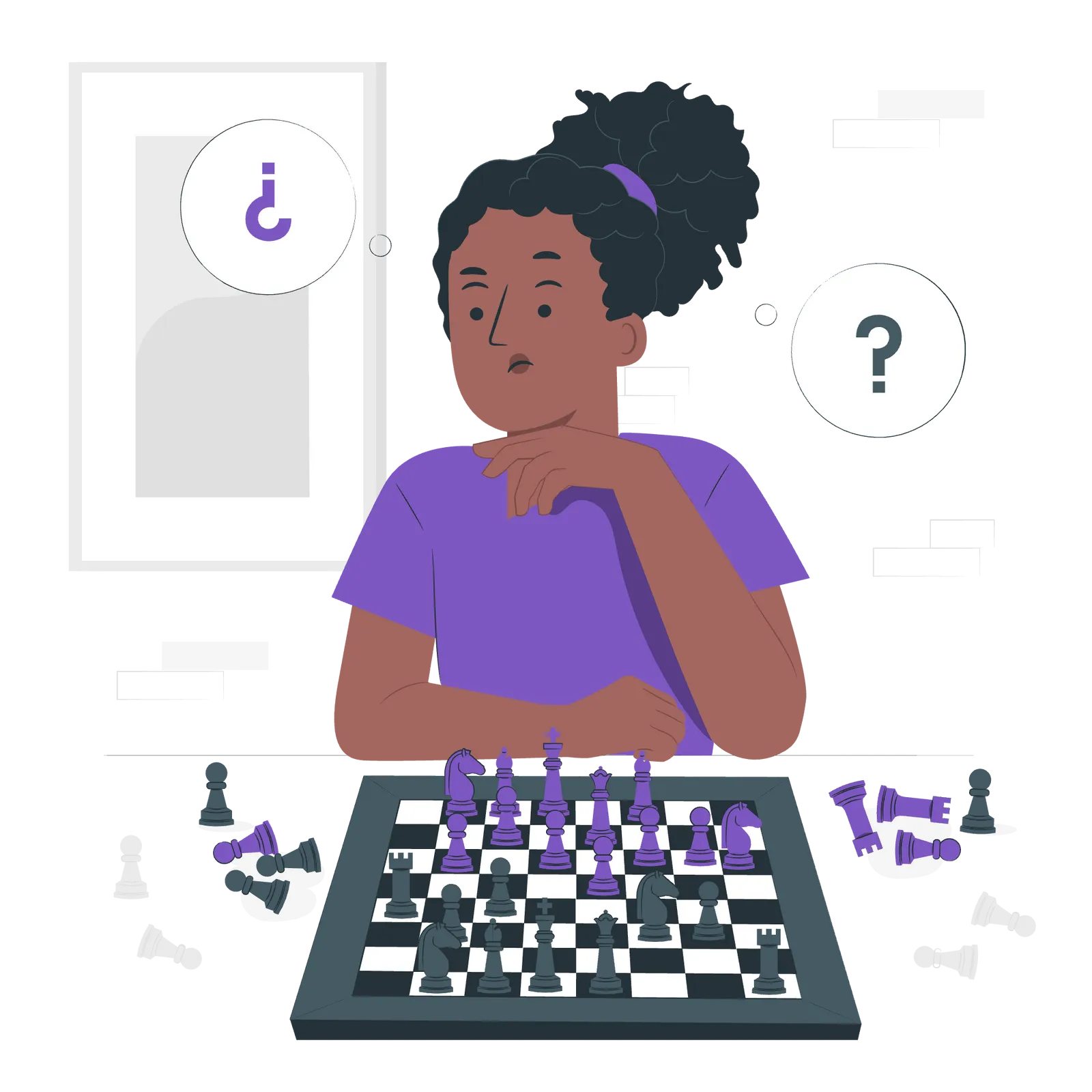 A young woman deciding her next move in a game of chess.