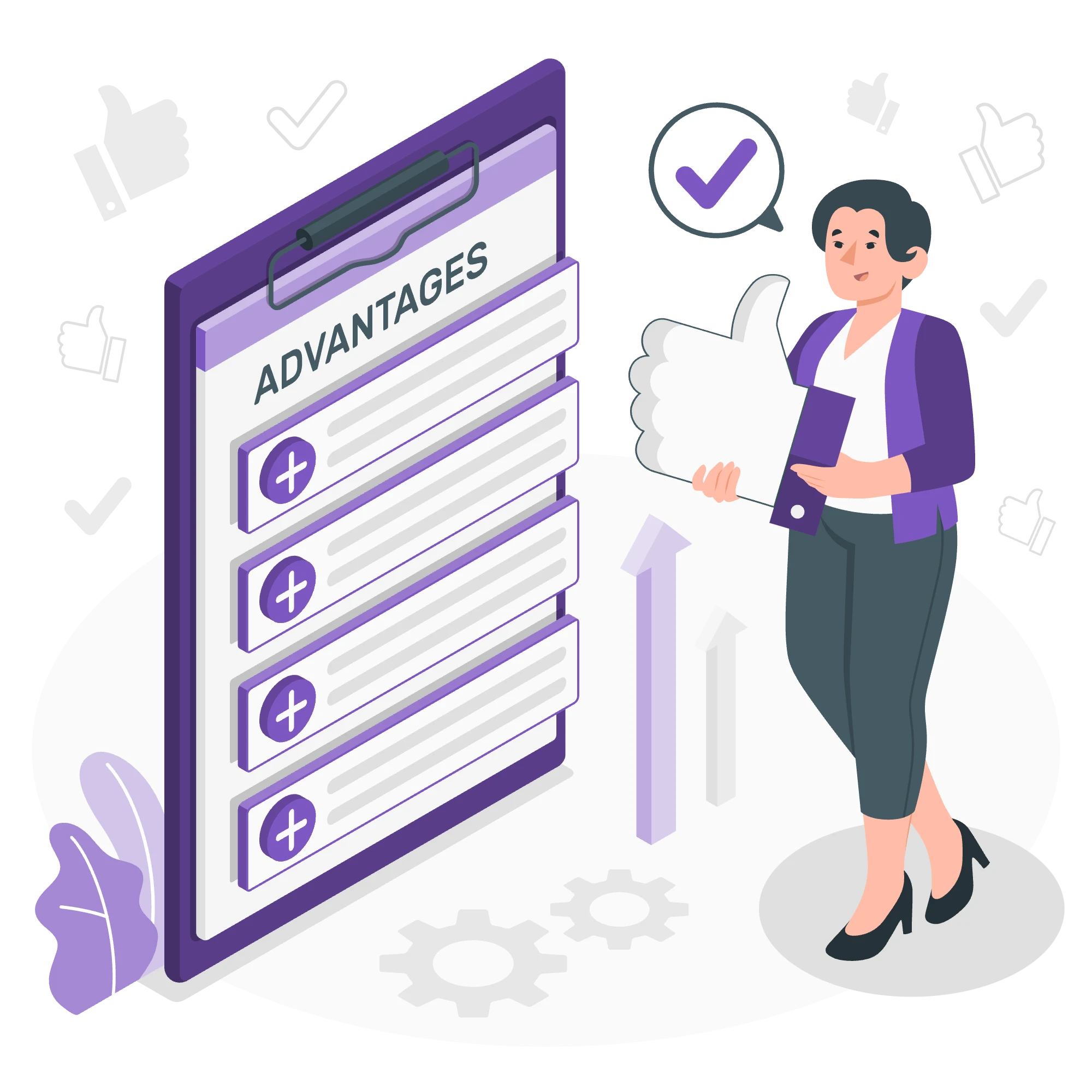A female with a cheerful expression giving a thumbs-up alongside a large clipboard titled "Advantages.