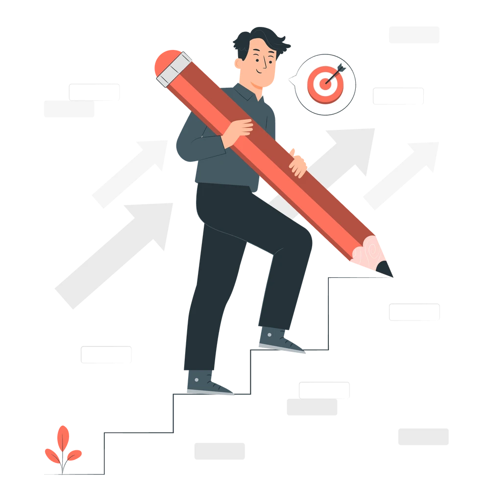  A man confidently holding a large red pencil while ascending a set of abstract, white stairs.