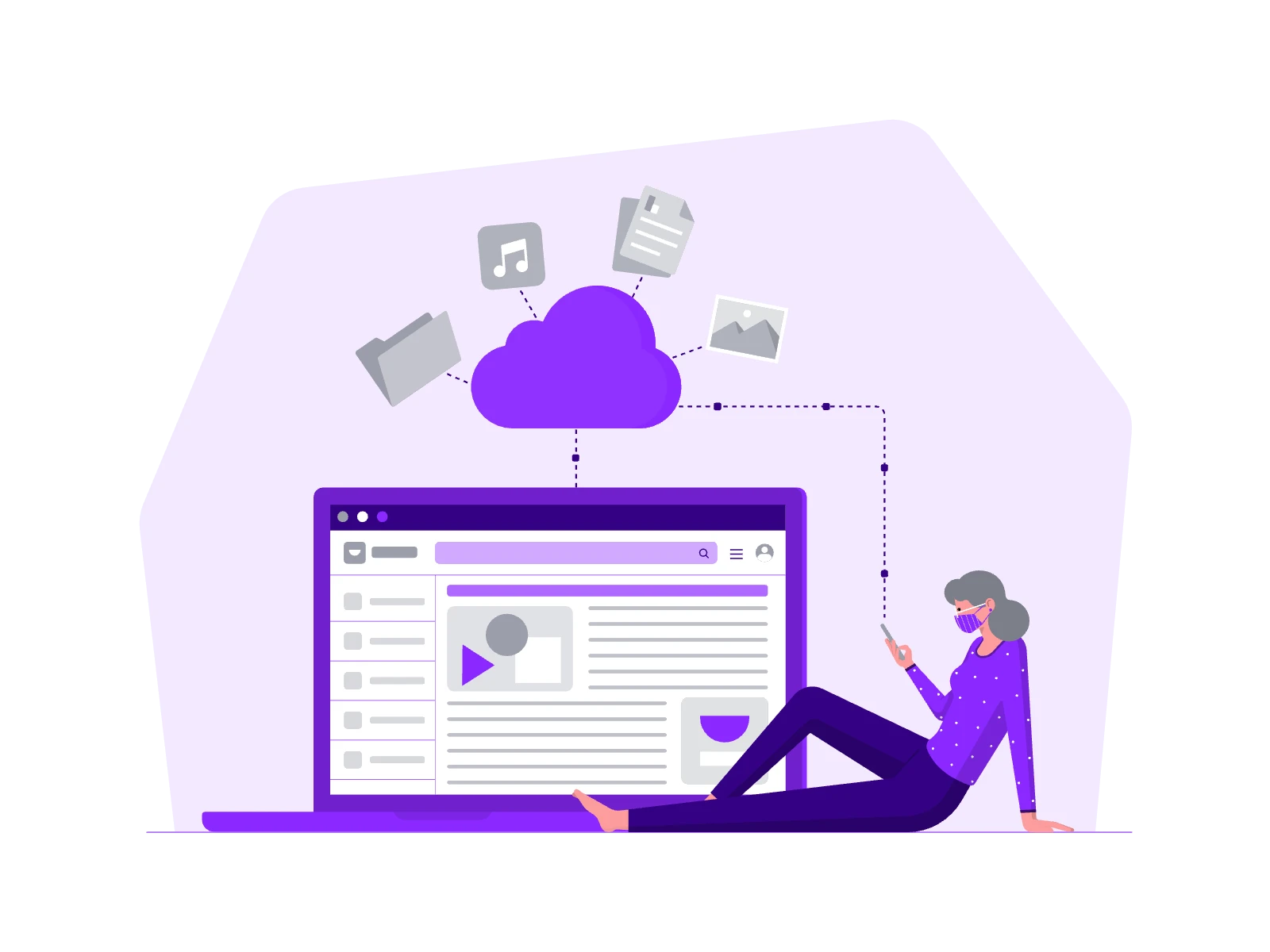 A person relaxing as she transfers files from her mobile device to her computer.