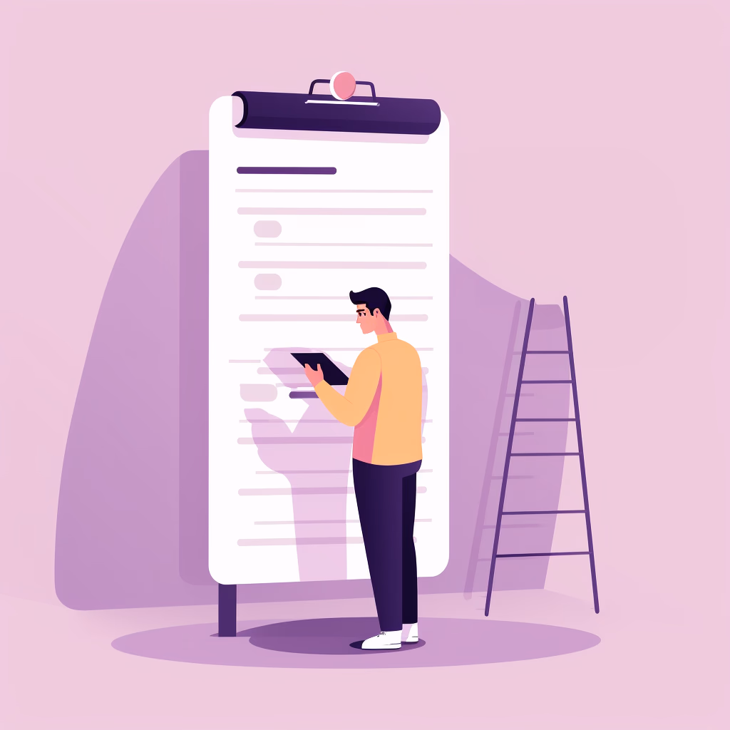 A man standing next to a giant clipboard while attentively reading from a tablet.