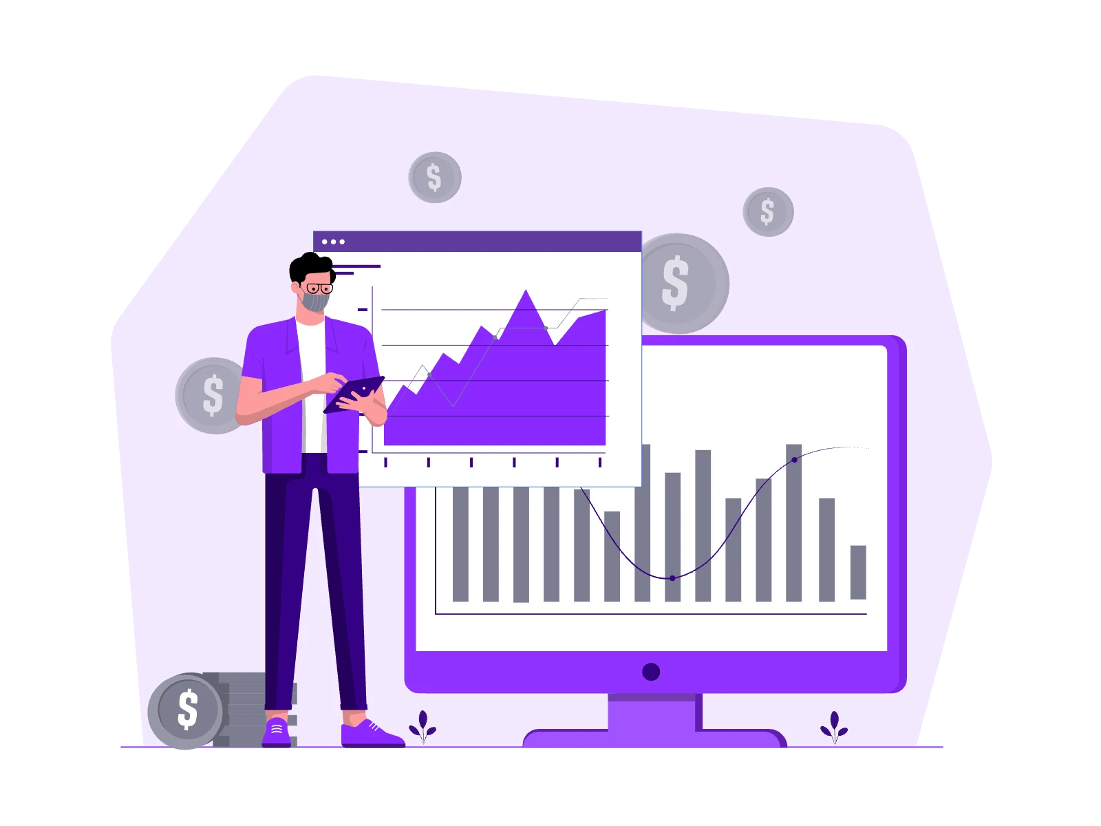 A man analyzing charts displayed on two large screens.