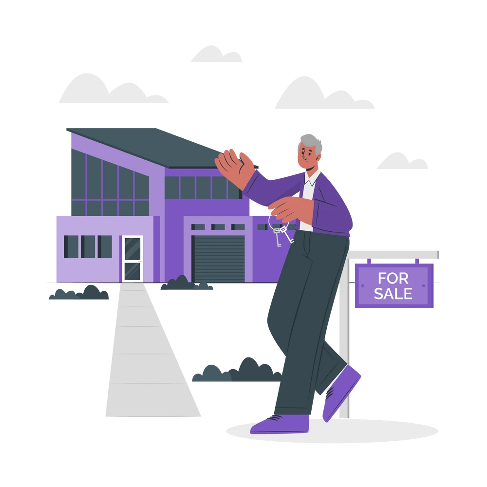 A man standing in front of a modern two-story house with a For Sale sign.